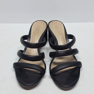 Schutz Olly Mid Block Heel Black Leather Sandals Women's Size 7.5 Minimalist